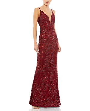 Mac Duggal Beaded V-neck Gown In Burgundy