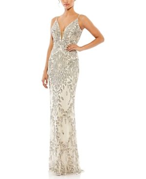 Shop Mac Duggal Embellished Leaf Evening Gown In Silver Nude