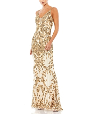 Shop Mac Duggal Embellished Leaf Evening Gown In Nude Gold