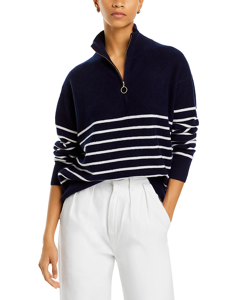 C By Bloomingdale's Cashmere Mock Neck Quarter Zip Striped Cashmere Sweater - Exclusive In Navy/ivory
