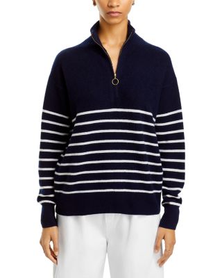 100% Cashmere Mock Neck Quarter Zip Striped Sweater - Exclusive