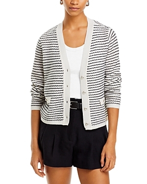 C By Bloomingdale's Cashmere Striped Tweed Stitch V Neck Cardigan - 100% Exclusive In Ivory/black
