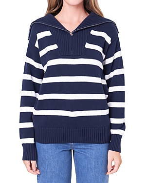 English Factory Stripe Cotton Zip Pullover In Blue/white