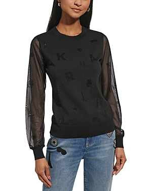 Shop Karl Lagerfeld Semi Sheer Sleeve Crewneck Sweater In Black/black