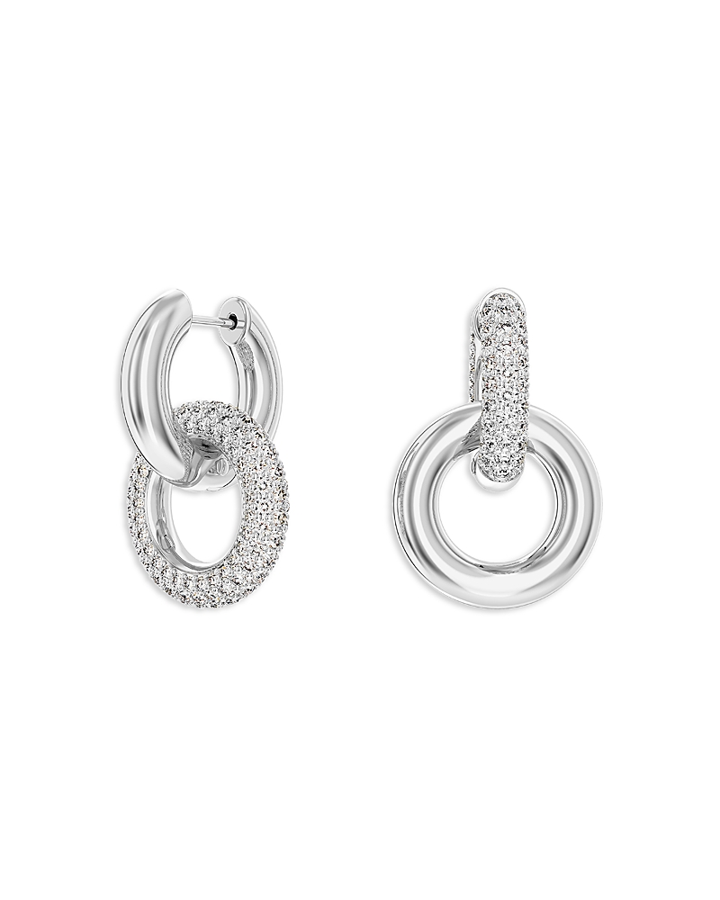 Swarovski Rhodium-plated Pave Interlocking Loop Charm Mismatch Hoop Earrings In Silver/crystal
