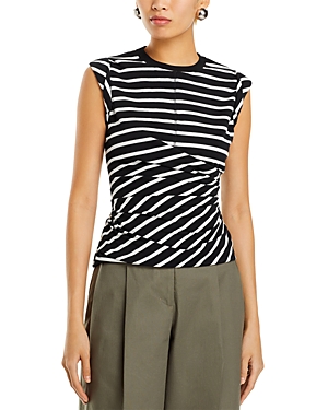 3.1 Phillip Lim Cotton Striped Rolled Sleeve Top In Black Multi
