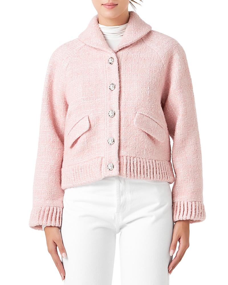 Endless Rose Button Front Cropped Tweed Jacket In Blush Pink