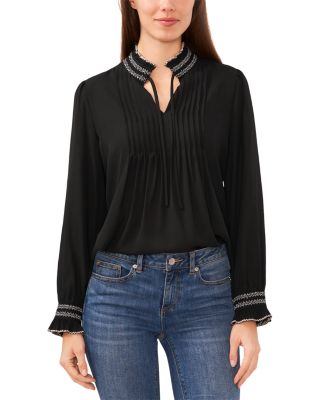 CeCe - Smocked Neck Contrast Stitch Blouse
