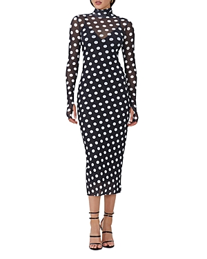 Afrm Shailene Mesh Long Sleeve Midi Dress In Diagonal Dot
