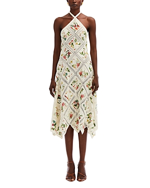 Shop Oscar De La Renta Halter Neck Floral Handkerchief Dress In Ecru