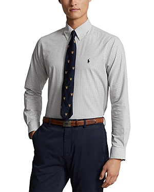 Polo Ralph Lauren Cotton Stretch Poplin Gingham Check Slim Fit Button Down Shirt In Grey/white