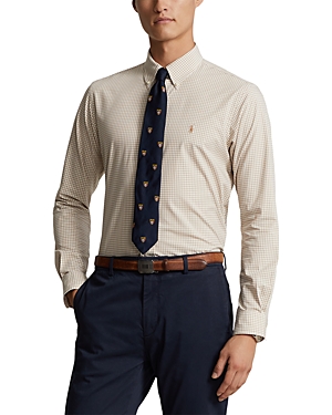Polo Ralph Lauren Cotton Stretch Poplin Gingham Check Slim Fit Button Down Shirt In Vintage Khaki/white