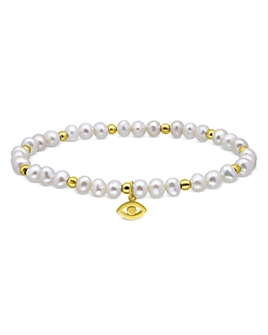 Aqua Evil Eye Charm Cultured Freshwater Pearl Beaded Stretch Bracelet in 18K Gold Plated Sterling Si