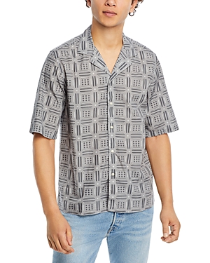 Shop Officine Generale Eren Cotton Geo Print Regular Fit Button Down Camp Shirt In Gray/dark Gray
