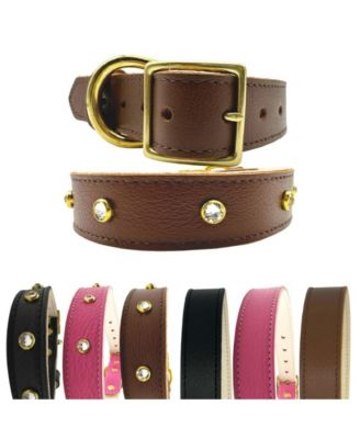 Crystal-Studded Plain Leather Dog Collar