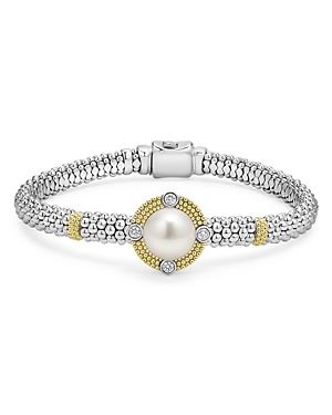 Shop Lagos 18k Yellow Gold & Sterling Silver Luna Cultured Freshwater Pearl & Diamond Caviar Bead Bracelet In White/silver