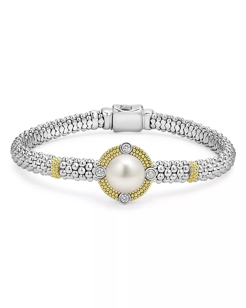 Lagos 18K Yellow Gold & Sterling Silver Luna Cultured Freshwater Pearl & Diamond Caviar Bead Bracelet