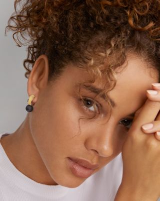 18K Yellow Gold & Sterling Silver Luna Black Tahitian Pearl Half Hoop Earrings