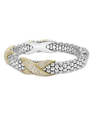 18K Yellow Gold & Sterling Silver Embrace Diamond Pav&eacute; X Station Caviar Bead Bracelet