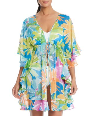 Bleu Rod Beattie - Floral Print Ruffled Cover Up Caftan