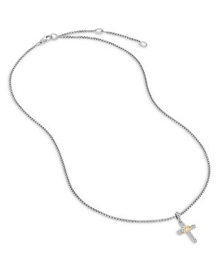 Petite Cross Necklace in Sterling Silver &amp; 18K Yellow Gold with Diamonds, 17&amp;quot;