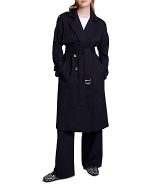 Maje Gedaille Tweed Trench Coat In Black