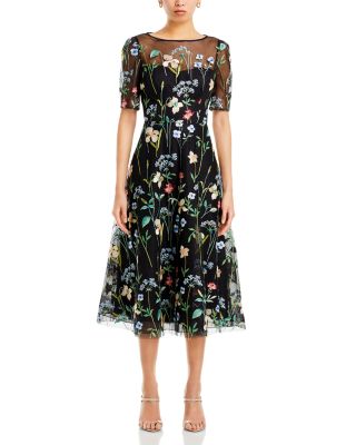 Floral Embroidered Tulle Midi Dress