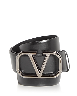 Shop Valentino Men's Logo Buckle Leather Belt In Black