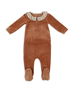 Maniere Floral Collar Cotton Blend Velour Footie In Caramel