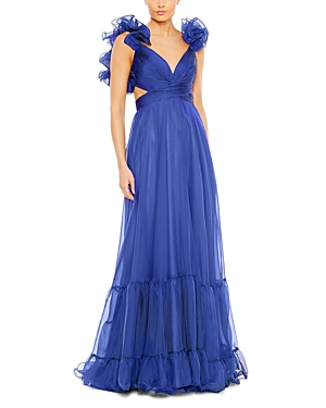 Shop Mac Duggal Rosette Chiffon Gown In Cobalt