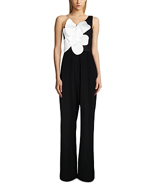 Shop Zac Posen Floral Motif One Shoulder Jumpsuit In Black/white
