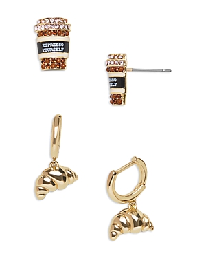 Shop Baublebar Morning Essentials Coffee & Croissant Earrings In Gold Tone, Set Of 2 In Brown/gold