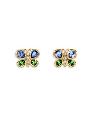 18K Yellow Gold CL Color Blue Sapphire, Tsavorite &amp; Diamond Butterfly Stud Earrings