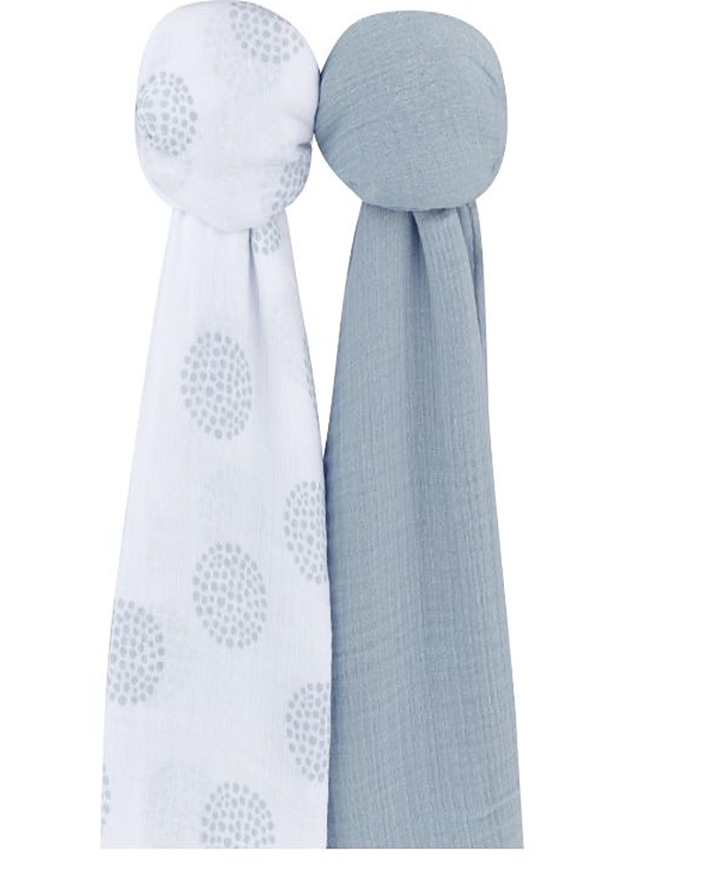 Ely's & Co. Unisex Cotton Muslin Swaddle Blanket 2 Pack - Baby In Misty Blue Dottie