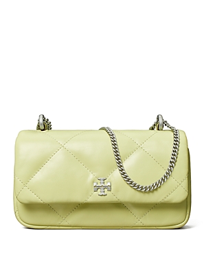 Tory Burch Kira Diamond Quilted Leather Mini Flap Bag In Fresh Pear/gold
