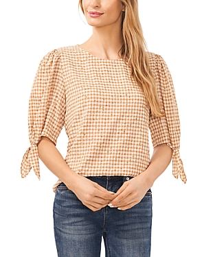 Shop Cece Gingham Tie Sleeve Blouse In Light Sand