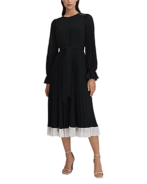 Reiss Navy/cream Priya Pleated Belted Midi Dress In Navy/cream