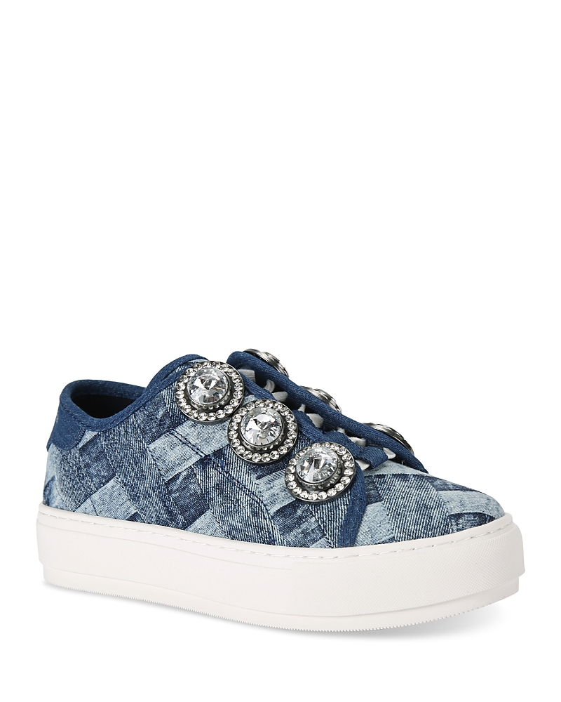 Kurt Geiger Womens Denim Laney Octavia Crystal-embellished Woven Low-top Trainers In Navy