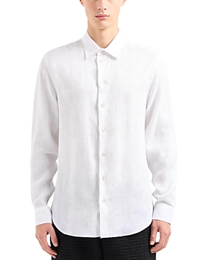 Shop Emporio Armani Long Sleeve Linen Chambray Button Front Shirt In Solid White