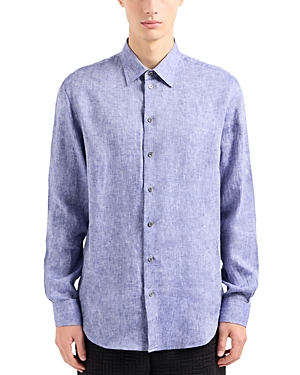 Shop Emporio Armani Long Sleeve Linen Chambray Button Front Shirt In Blue