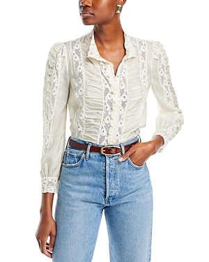 Shop Loveshackfancy Jacque Silk Ruched Blouse In Antique White