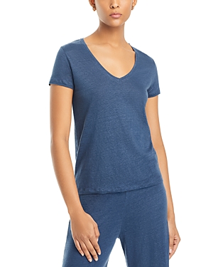 Majestic V-neck Short-sleeve Stretch Linen T-shirt In Bleu Taormina