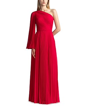 Shop Zac Posen One Shoulder Pleated Gown In Berry