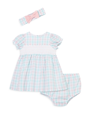 Shop Little Me Baby Girls' Bow Check Headband, Smocked Check Dress, & Check Bloomers Set - Baby In White/pink