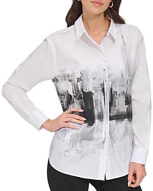 Shop Dkny Cityscape Graphic Blouse In White/black/grey