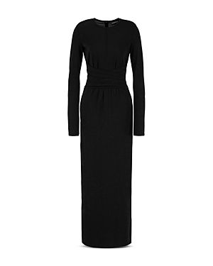 Shop Emporio Armani Stretch Jersey Long Dress With Waist Draping In Solid Black