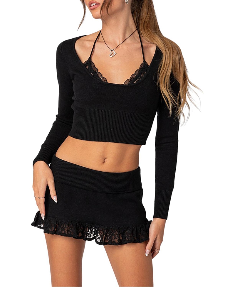 Shop Edikted Lace Bra Detail Knit Top In Black