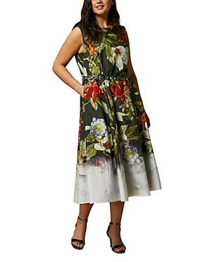 Shop Marina Rinaldi Floral Print Cotton Poplin Dress In Kaki