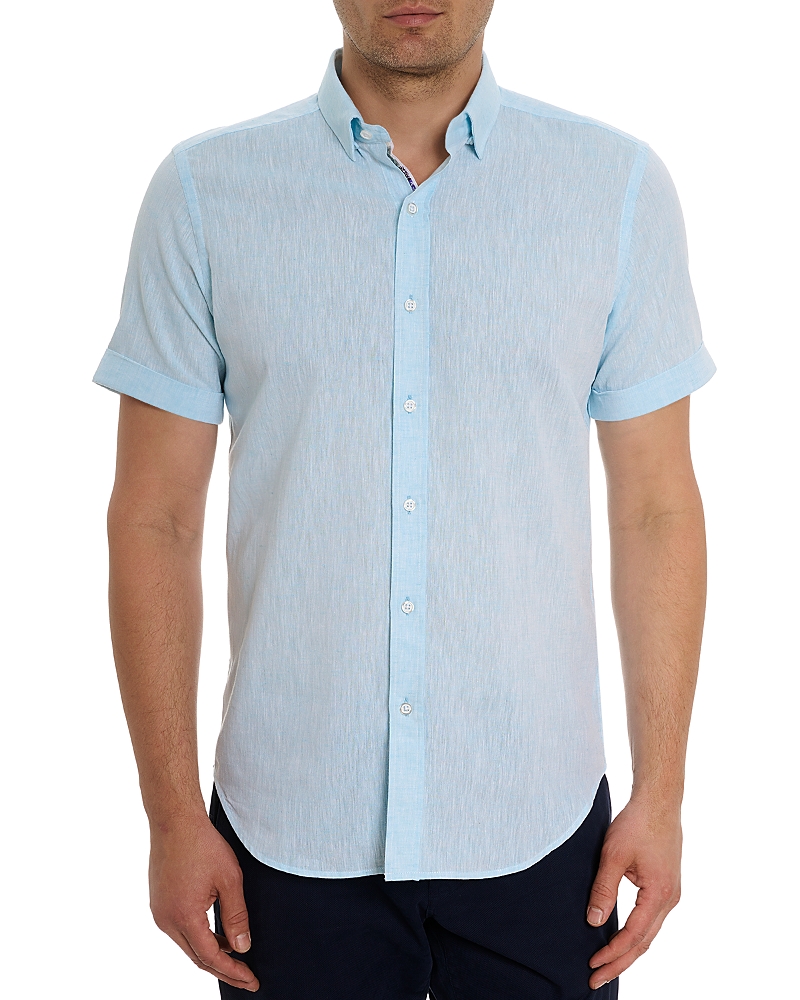 Robert Graham Palmer Tailored Fit Short Sleeve Linen Blend Button-up Shirt In Turquoise