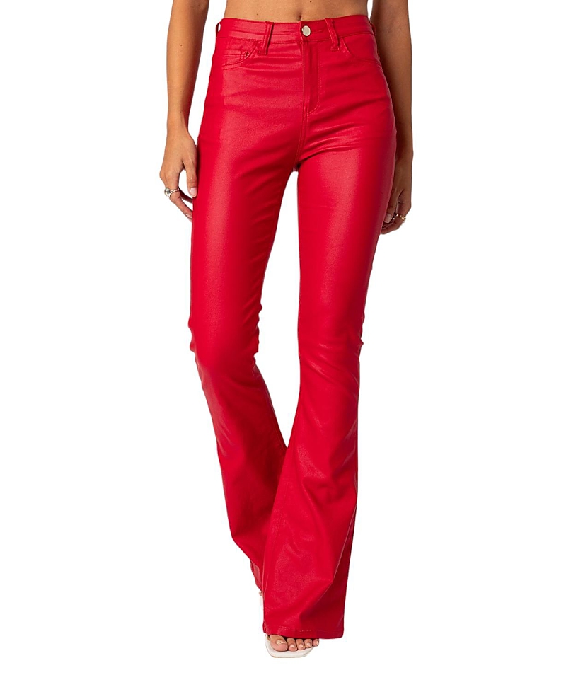 Edikted Luna Faux Leather Flare Jeans in Red